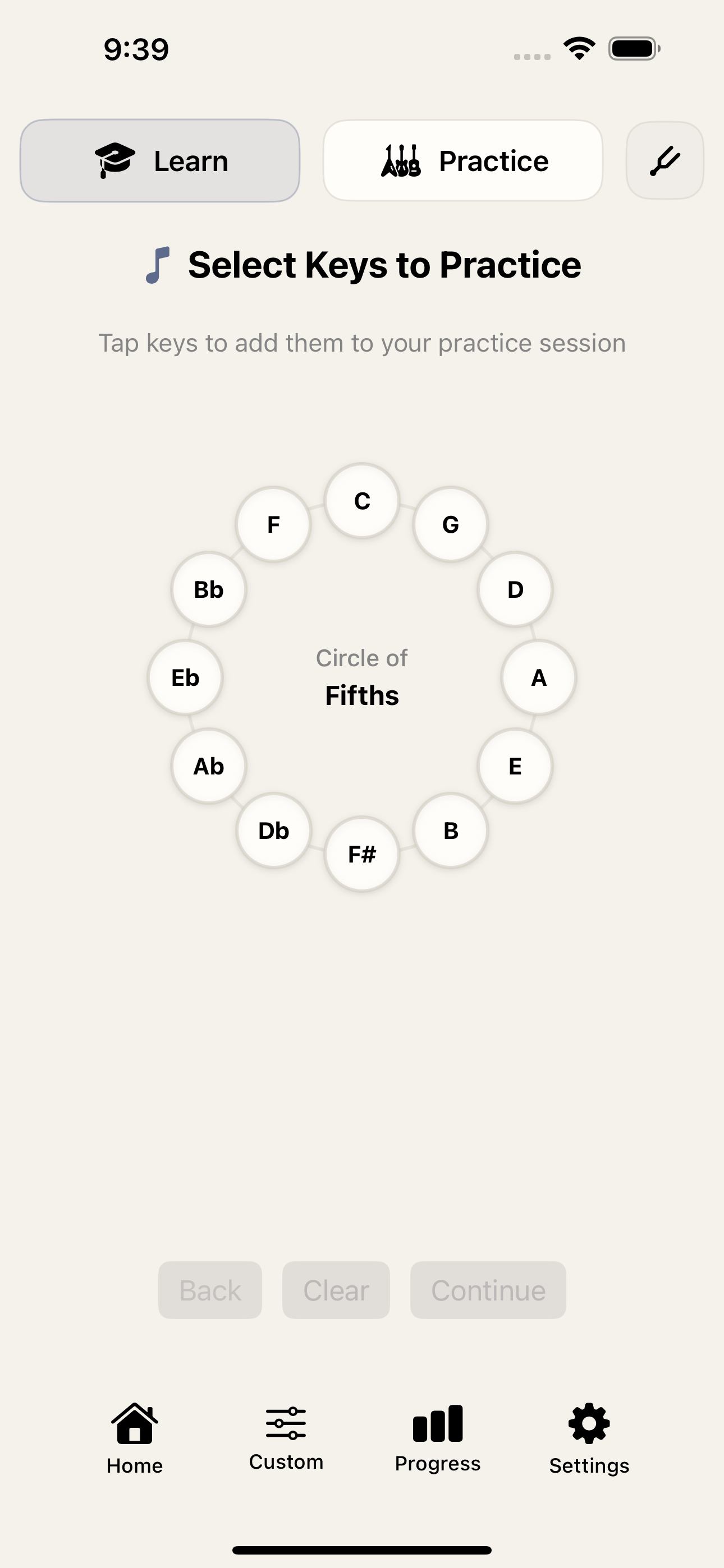 Circle of Fifths key selection screen in Fretio