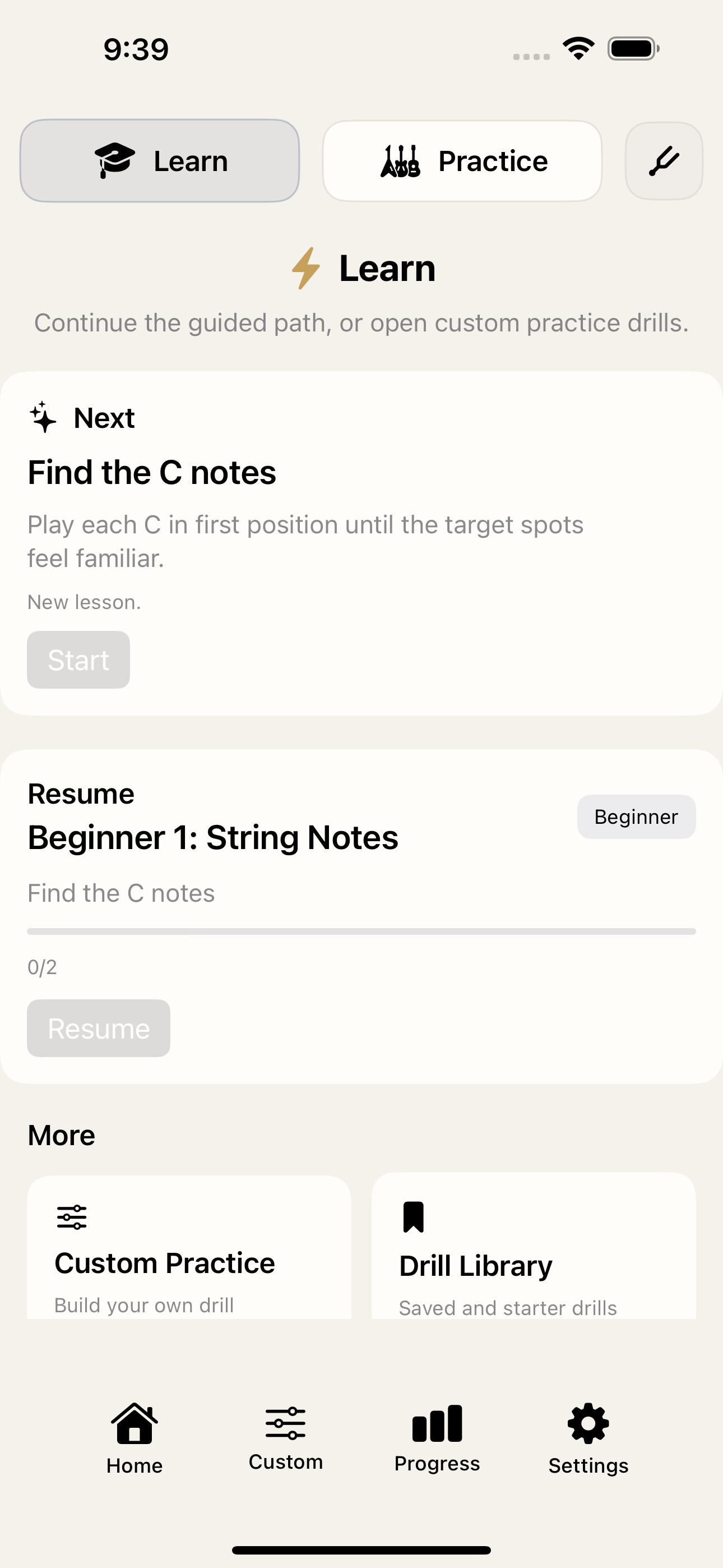 Fretio home screen showing Learn, Practice, Custom Practice, Drill Library, and Progress sections