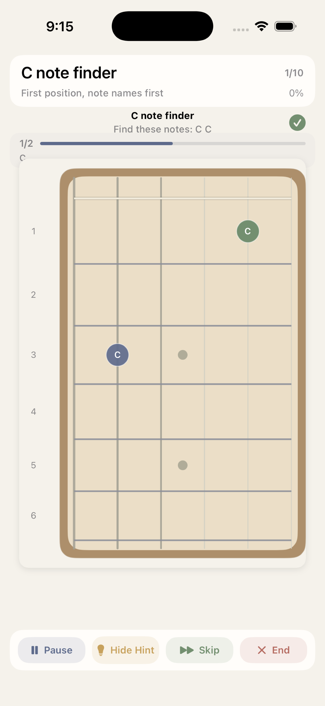 Live note feedback practice session in Fretio