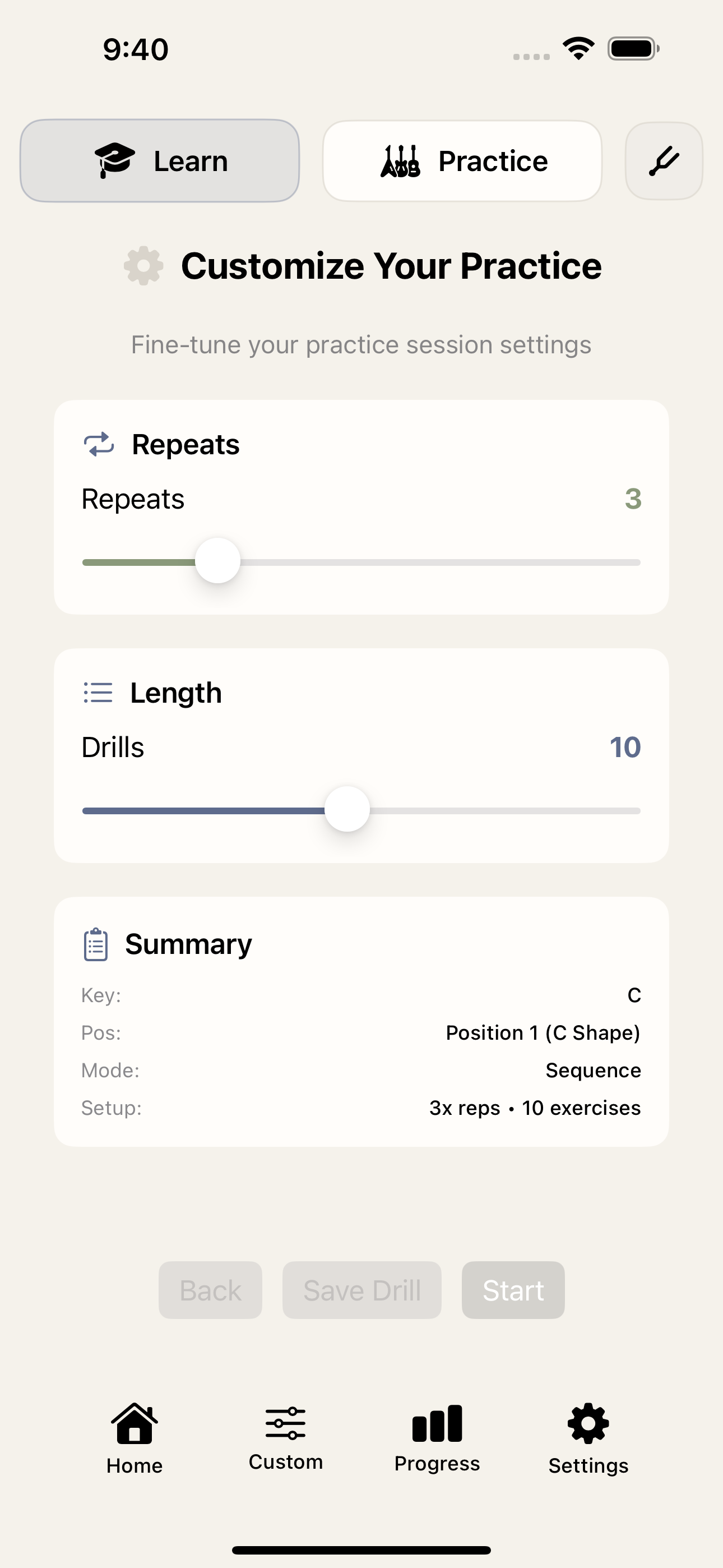 Custom practice configuration screen with repeats, drill length, and summary details