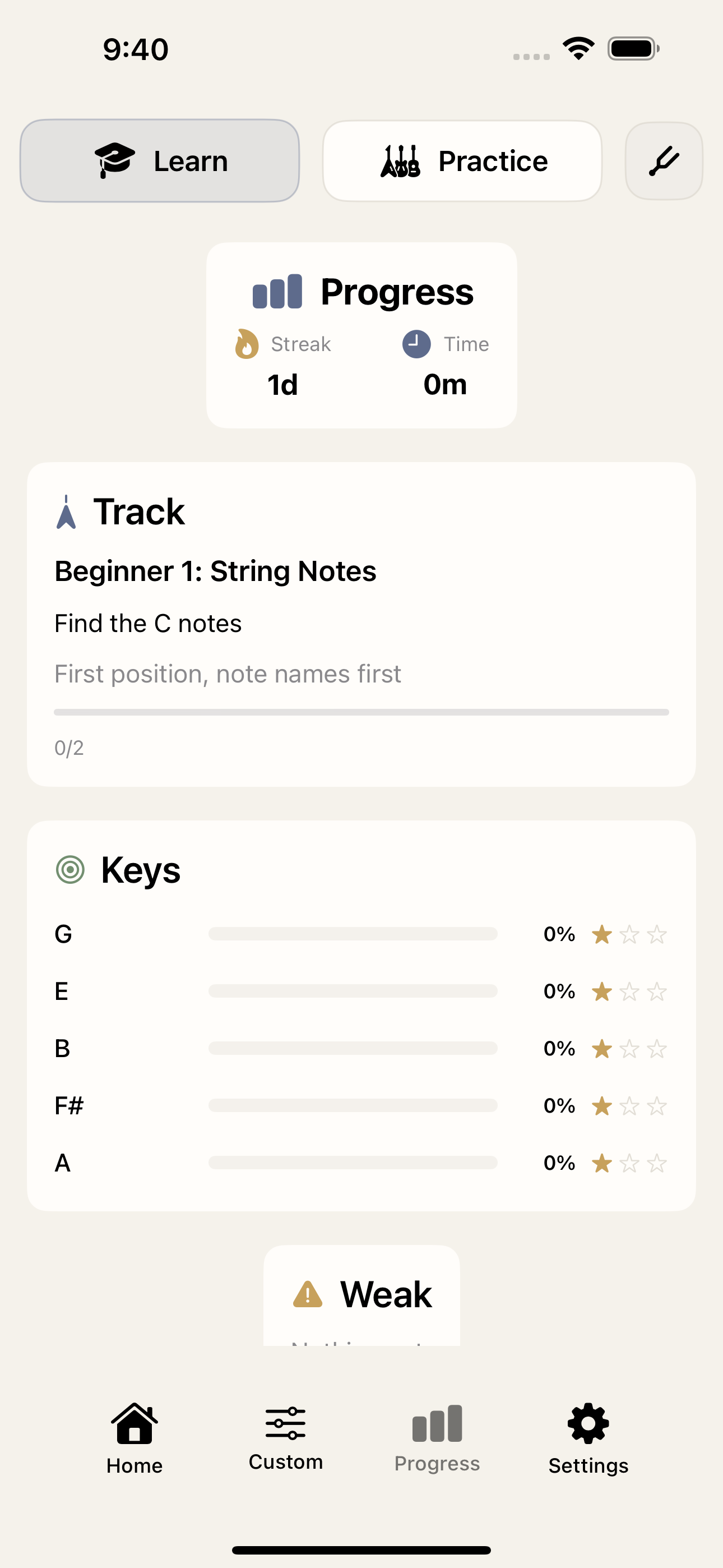 Fretio progress dashboard with streak, time, track progress, and weak-area feedback